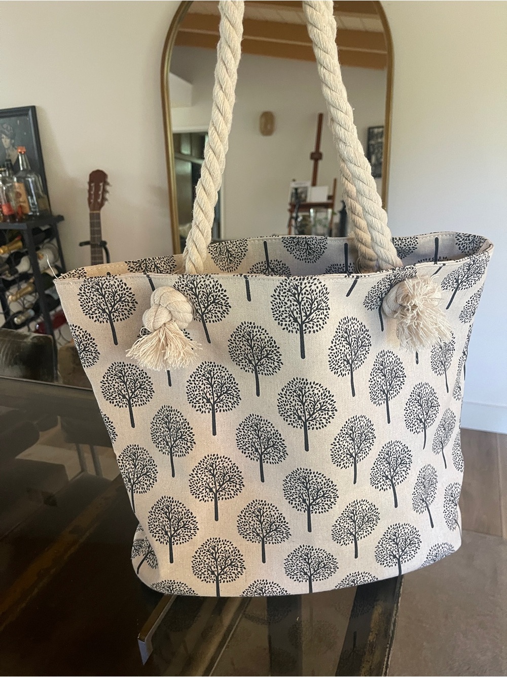 Canvas Tree Print Rope-Handle Tote Bag - Beige/Black